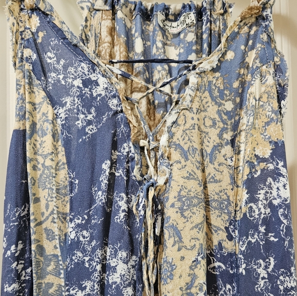 Free People Work Of Art Maxi Slip Dress V Neck Hi Lo Hem Floral Blue Cream M NWT - Picture 6 of 16